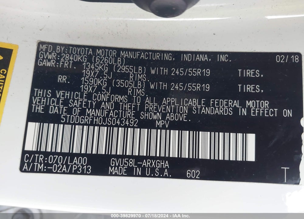 2018 TOYOTA HIGHLANDER HYBRID LIMITED VIN: 5TDDGRFH0JS043492