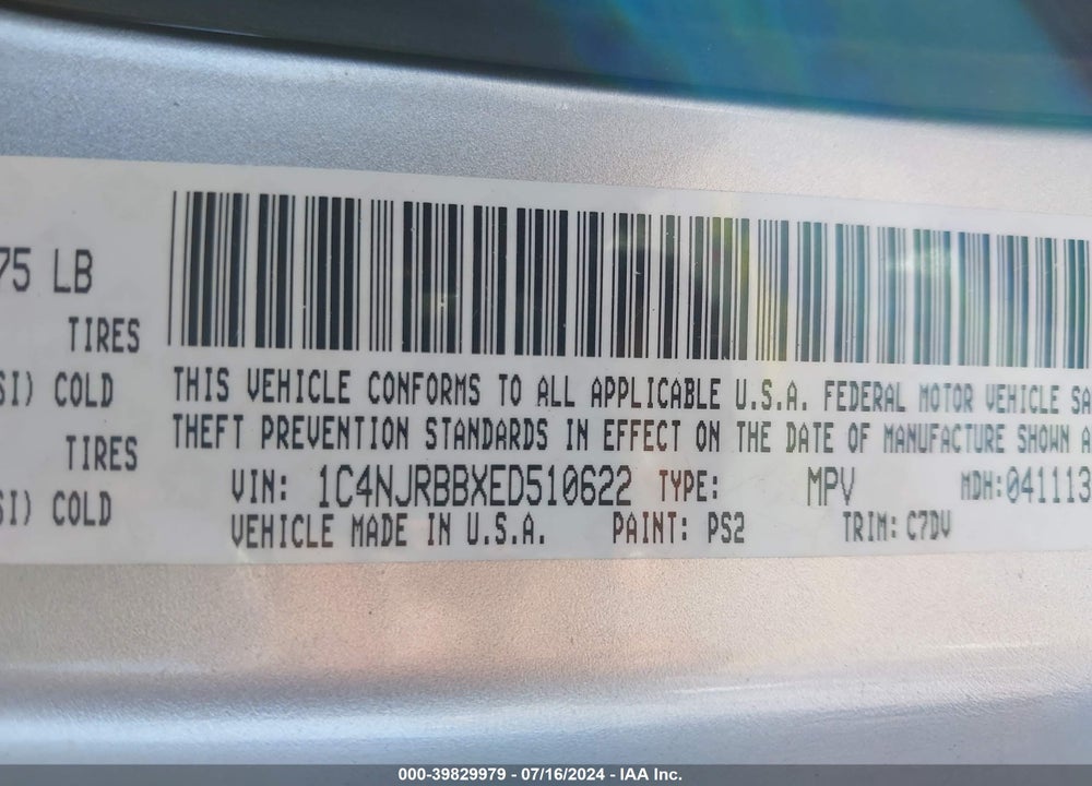 2014 JEEP PATRIOT SPORT VIN: 1C4NJRBBXED510622
