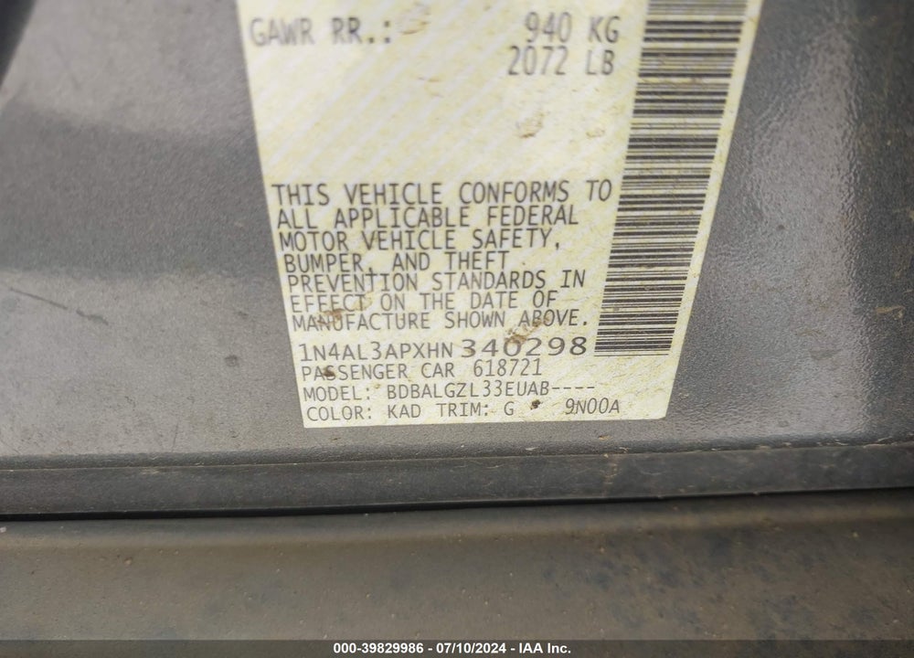 2017 NISSAN ALTIMA 2.5 S VIN: 1N4AL3APXHN340298