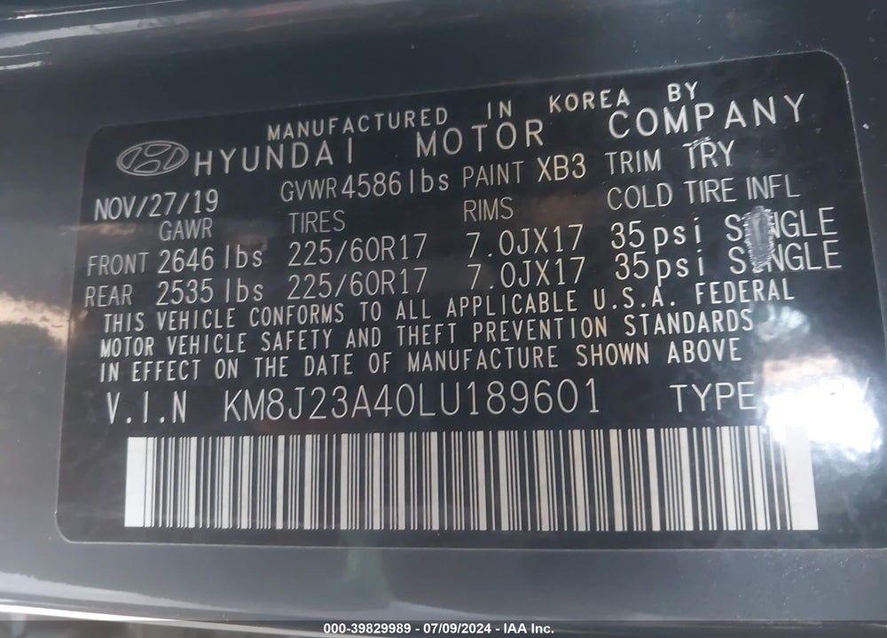 2020 HYUNDAI TUCSON SE VIN: KM8J23A40LU189601