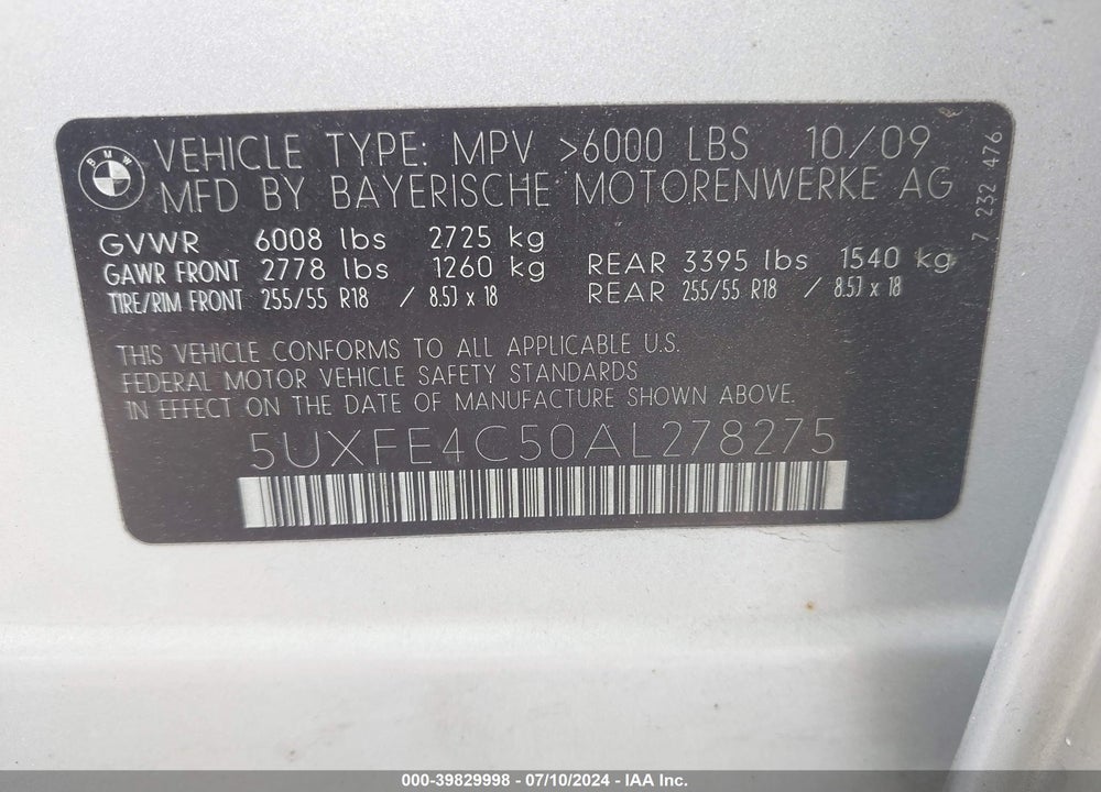 2010 BMW X5 XDRIVE30I VIN: 5UXFE4C50AL278275
