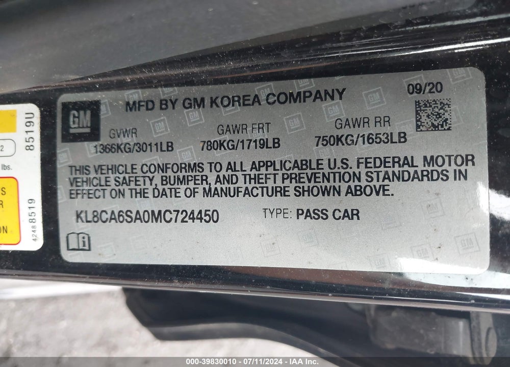 2021 CHEVROLET SPARK VIN: KL8CA6SA0MC724450