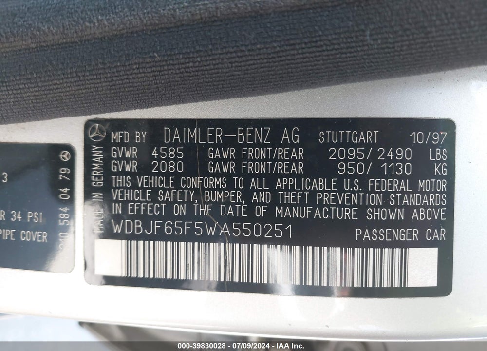 1998 MERCEDES-BENZ E 320 VIN: WDBJF65F5WA550251