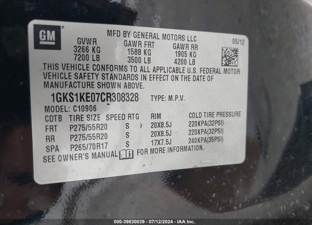 2012 GMC YUKON XL 1500 SLT VIN: 1GKS1KE07CR308328