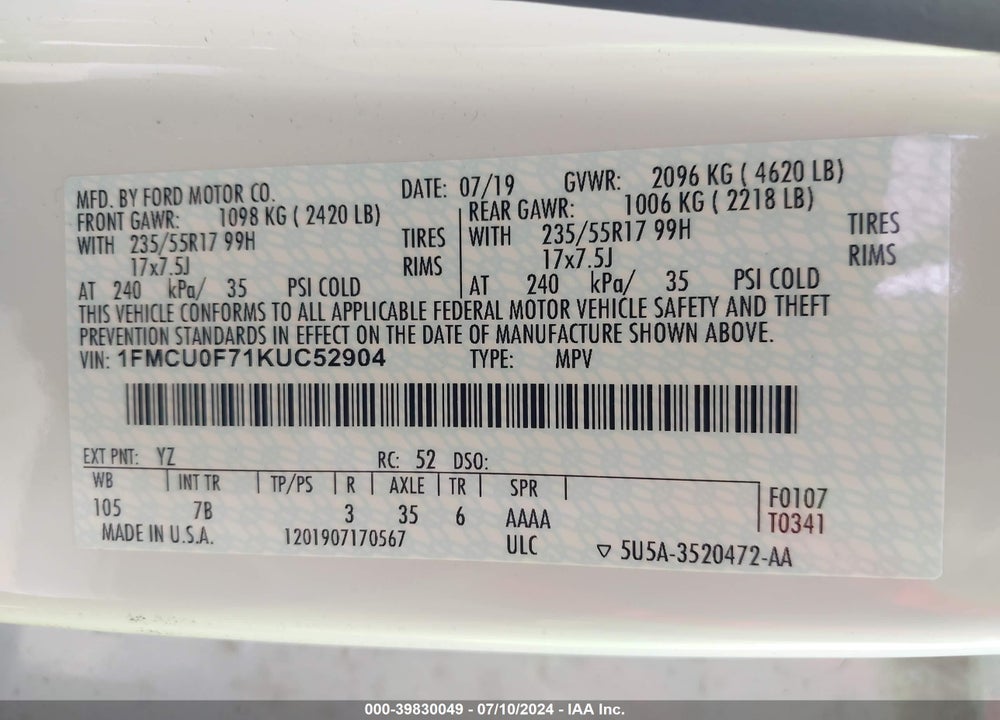 2019 FORD ESCAPE VIN: 1FMCU0F71KUC52904