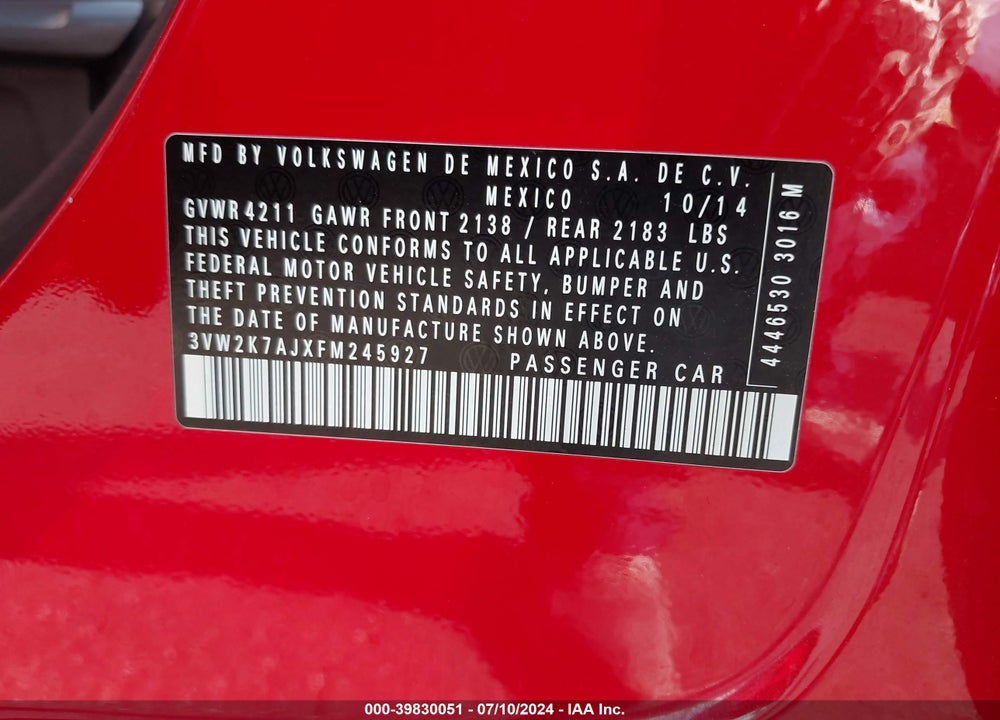 2015 VOLKSWAGEN JETTA 2.0L S VIN: 3VW2K7AJXFM245927