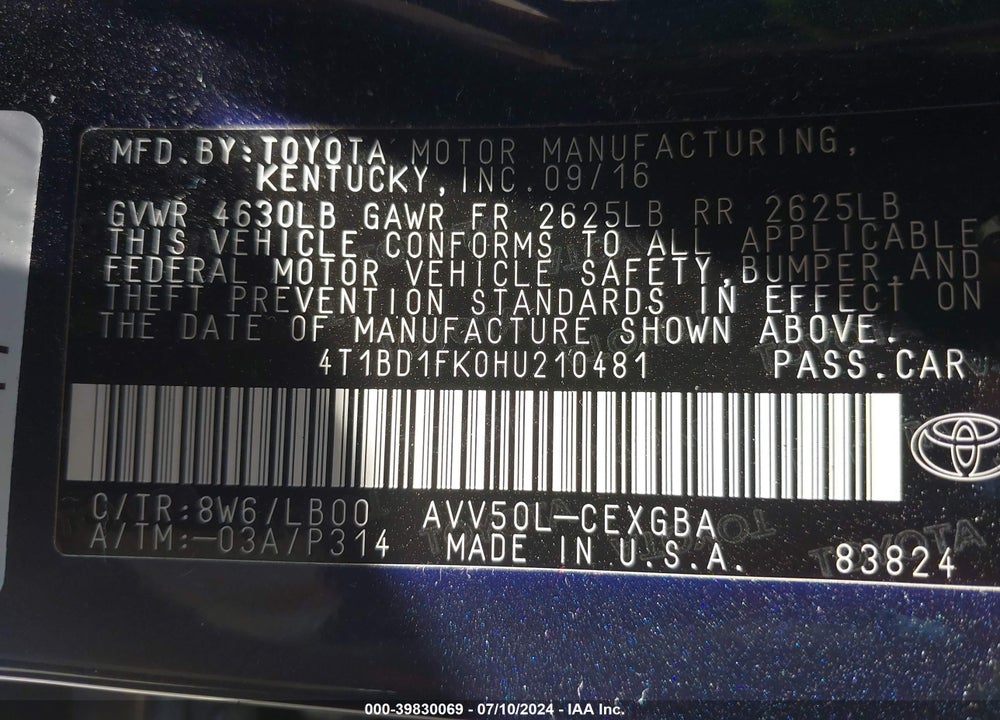 2017 TOYOTA CAMRY HYBRID XLE VIN: 4T1BD1FK0HU210481