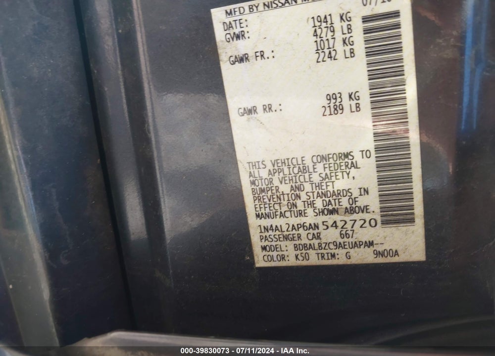 2010 NISSAN ALTIMA 2.5 S VIN: 1N4AL2AP6AN542720