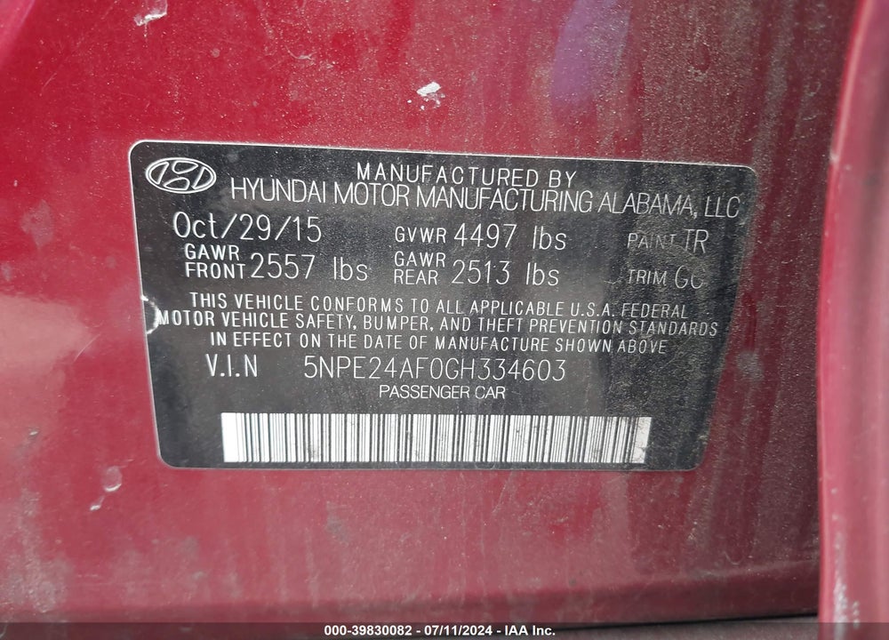 2016 HYUNDAI SONATA SE VIN: 5NPE24AF0GH334603