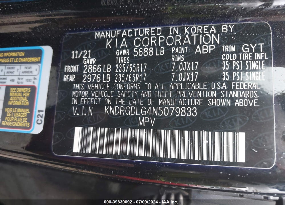 2022 KIA SORENTO HYBRID S VIN: KNDRGDLG4N5079833