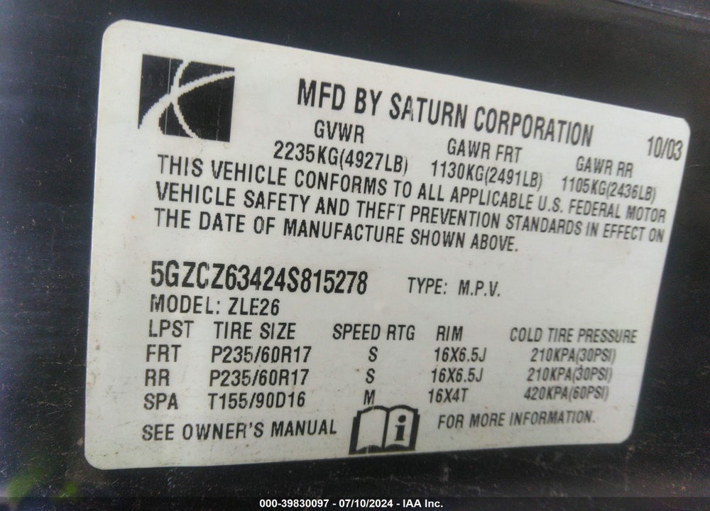 2004 SATURN VUE V6 VIN: 5GZCZ63424S815278