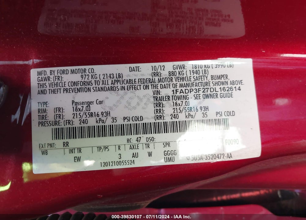2013 FORD FOCUS VIN: 1FADP3F27DL162614