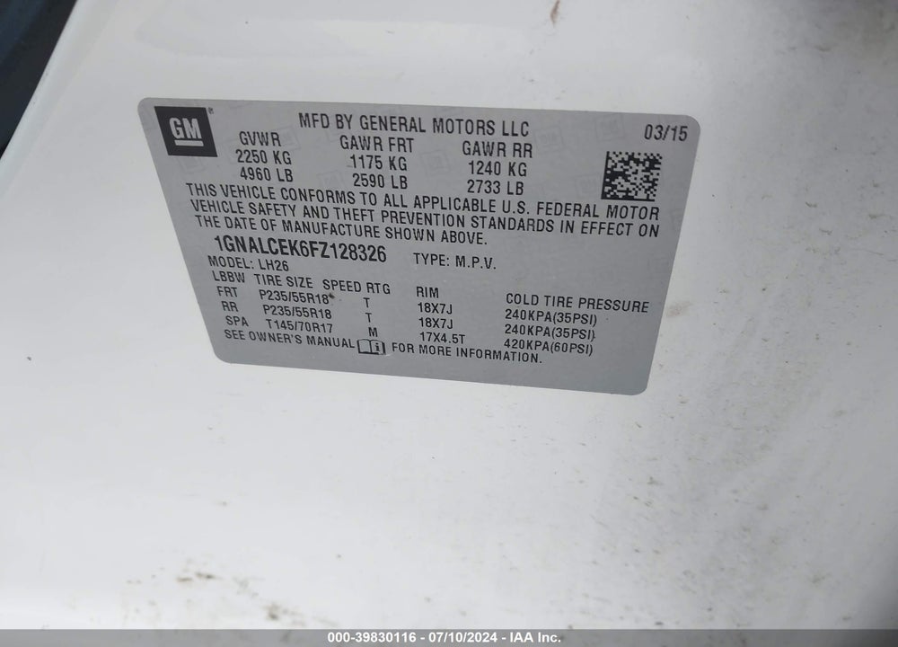 2015 CHEVROLET EQUINOX 2LT VIN: 1GNALCEK6FZ128326