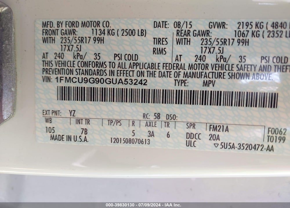 2016 FORD ESCAPE SE VIN: 1FMCU9G90GUA53242