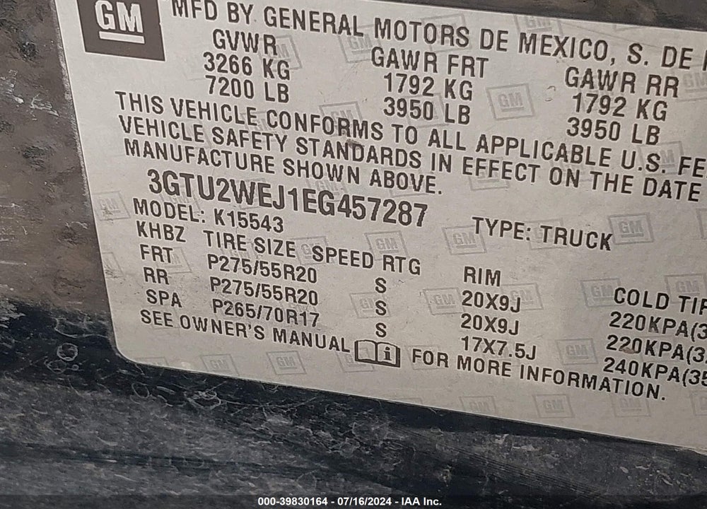2014 GMC SIERRA 1500 DENALI VIN: 3GTU2WEJ1EG457287