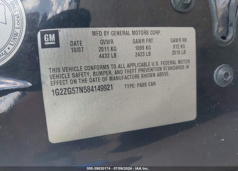 2008 PONTIAC G6 VIN: 1G2ZG57N584149921