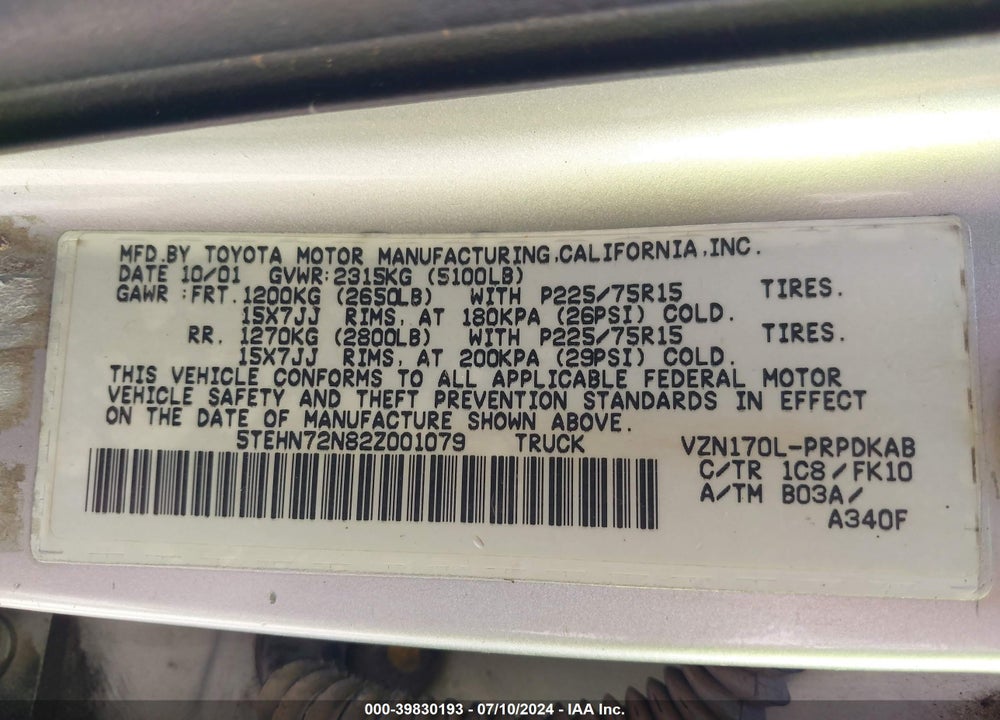 2002 TOYOTA TACOMA VIN: 5TEHN72N82Z001079