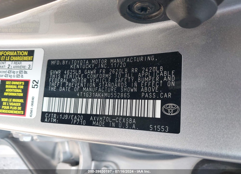 2021 TOYOTA CAMRY SE HYBRID VIN: 4T1G31AK4MU552865