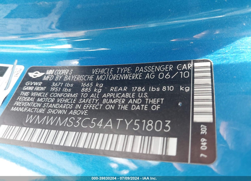 2010 MINI COOPER S VIN: WMWMS3C54ATY51803