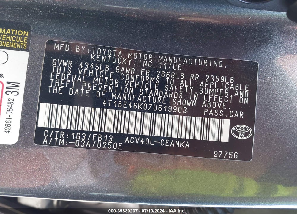 2007 TOYOTA CAMRY LE VIN: 4T1BE46K07U619903