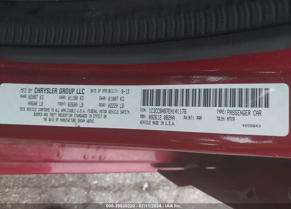 2014 CHRYSLER 200 LX VIN: 1C3CCBAB7EN141176