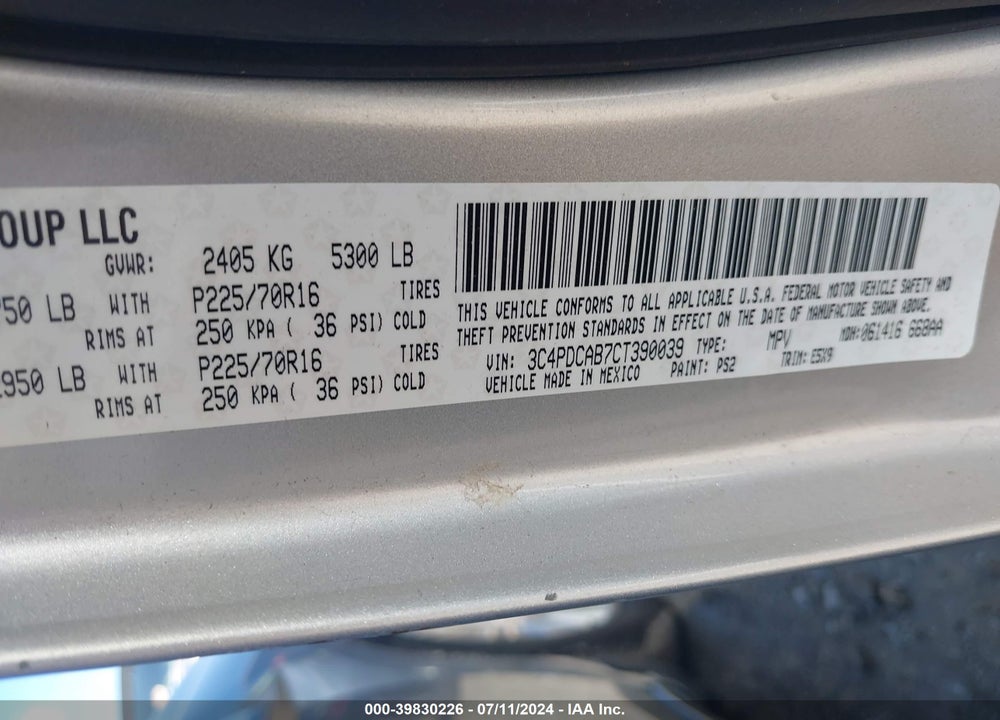 2012 DODGE JOURNEY SE/AVP VIN: 3C4PDCAB7CT390039