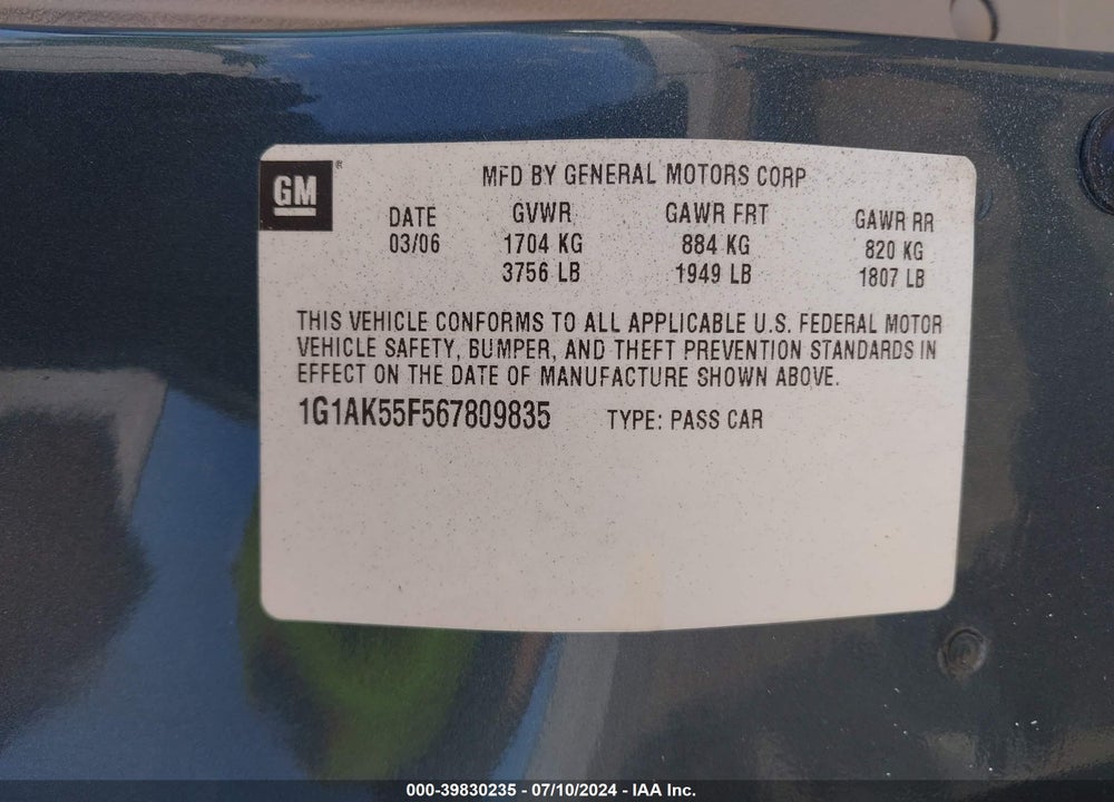 2006 CHEVROLET COBALT LS VIN: 1G1AK55F567809835