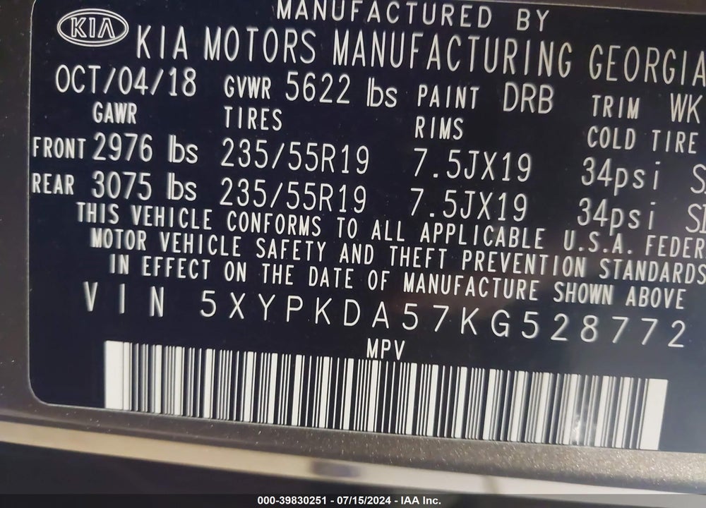 2019 KIA SORENTO 3.3L SXL VIN: 5XYPKDA57KG528772