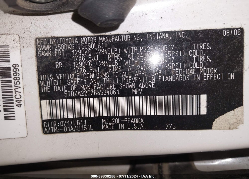 2006 TOYOTA SIENNA XLE VIN: 5TDZA22C76S534061