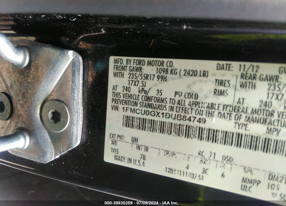 2013 FORD ESCAPE SE VIN: 1FMCU0GX1DUB84749