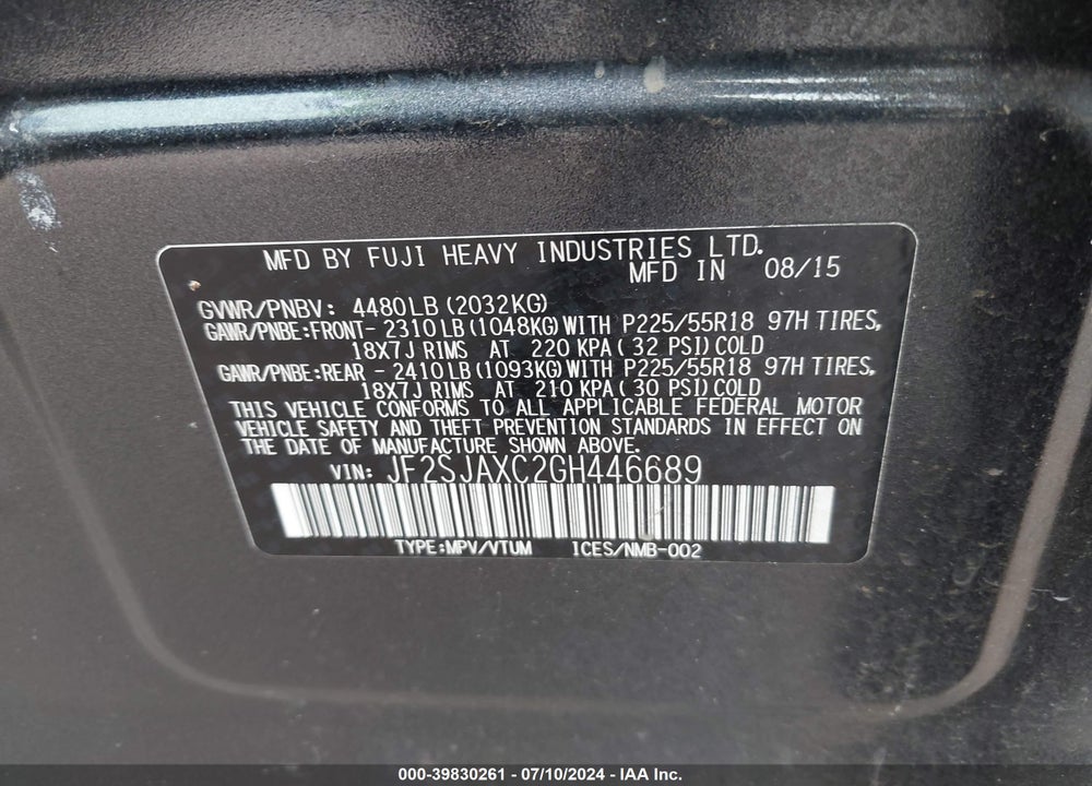 2016 SUBARU FORESTER 2.5I TOURING VIN: JF2SJAXC2GH446689