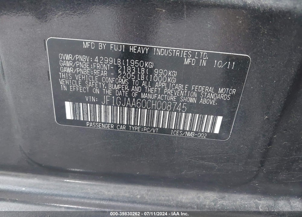 2012 SUBARU IMPREZA 2.0I VIN: JF1GJAA60CH008745