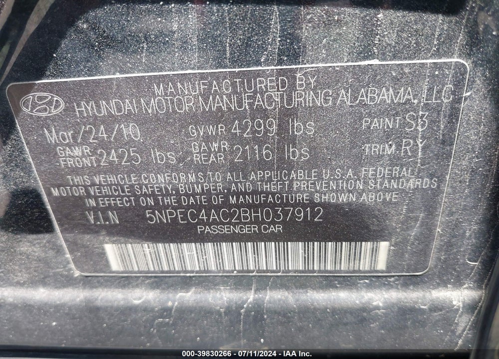 2011 HYUNDAI SONATA LIMITED VIN: 5NPEC4AC2BH037912