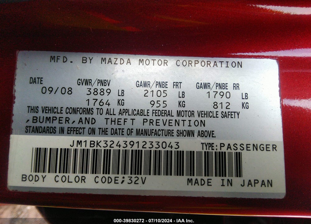 2009 MAZDA 3 S TOURING VIN: JM1BK324391233043