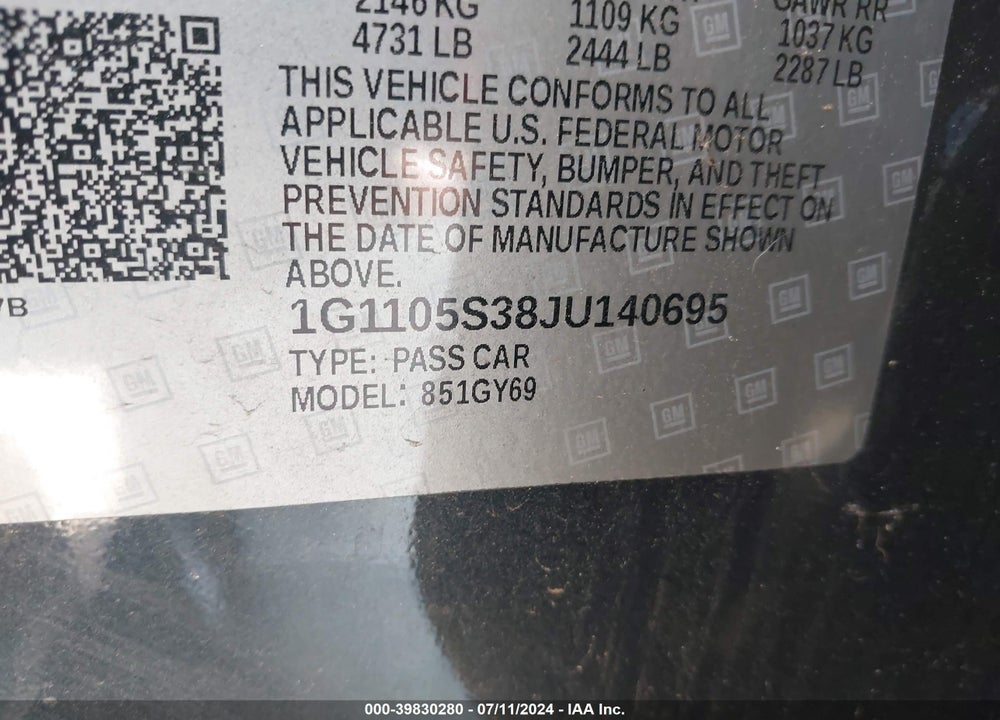 2018 CHEVROLET IMPALA 1LT VIN: 1G1105S38JU140695