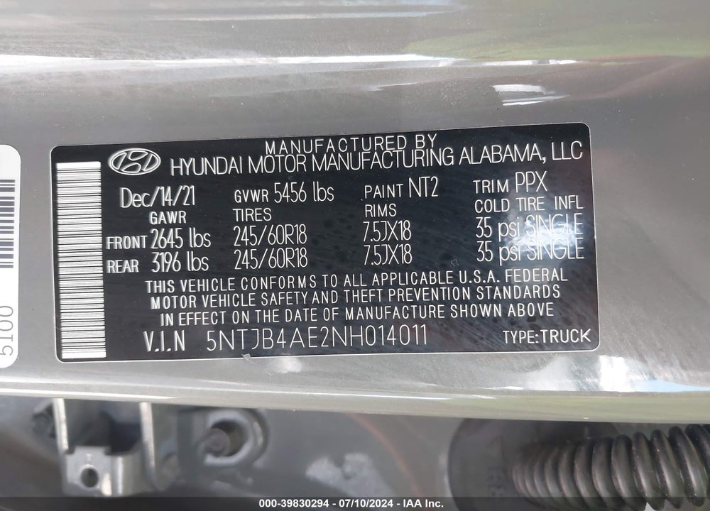 2022 HYUNDAI SANTA CRUZ SEL VIN: 5NTJB4AE2NH014011