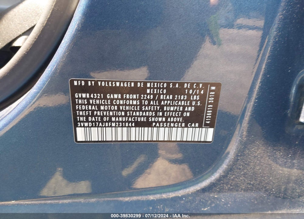 2015 VOLKSWAGEN JETTA 1.8T SE VIN: 3VWD17AJ8FM231844
