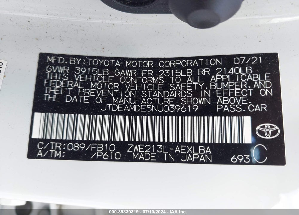 2022 TOYOTA COROLLA HYBRID LE VIN: JTDEAMDE5NJ039619