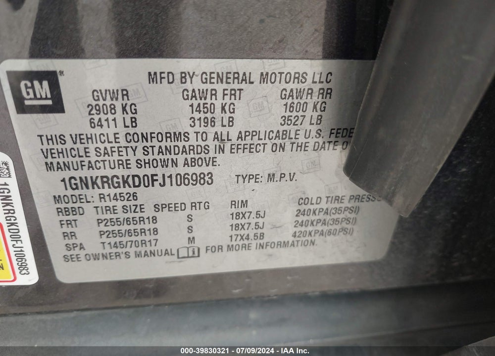2015 CHEVROLET TRAVERSE 1LT VIN: 1GNKRGKD0FJ106983
