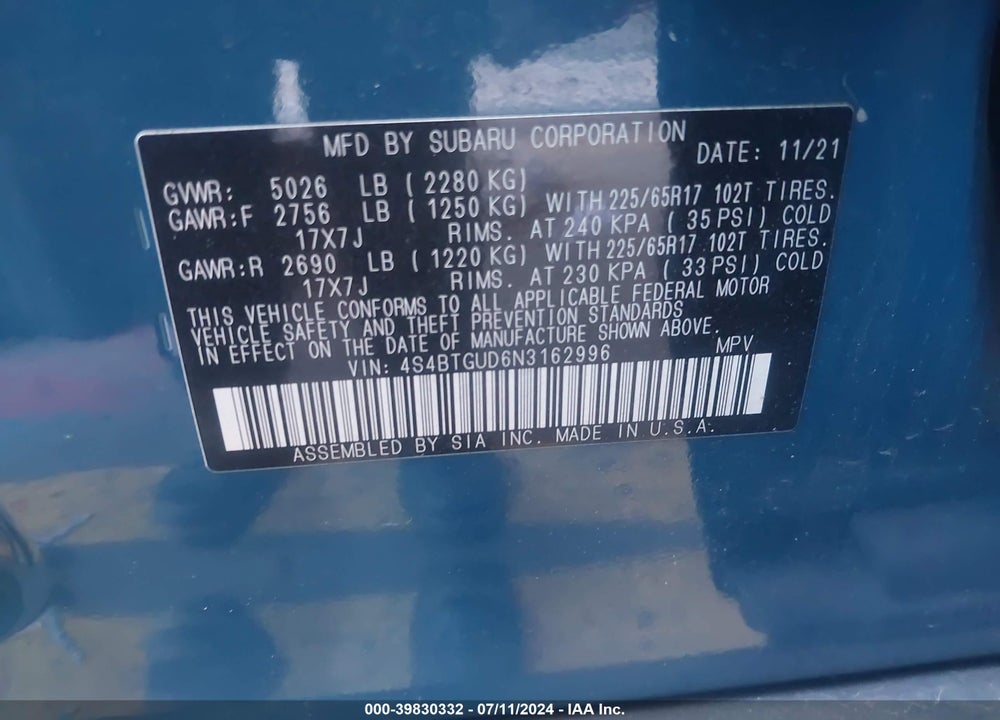2022 SUBARU OUTBACK WILDERNESS VIN: 4S4BTGUD6N3162996