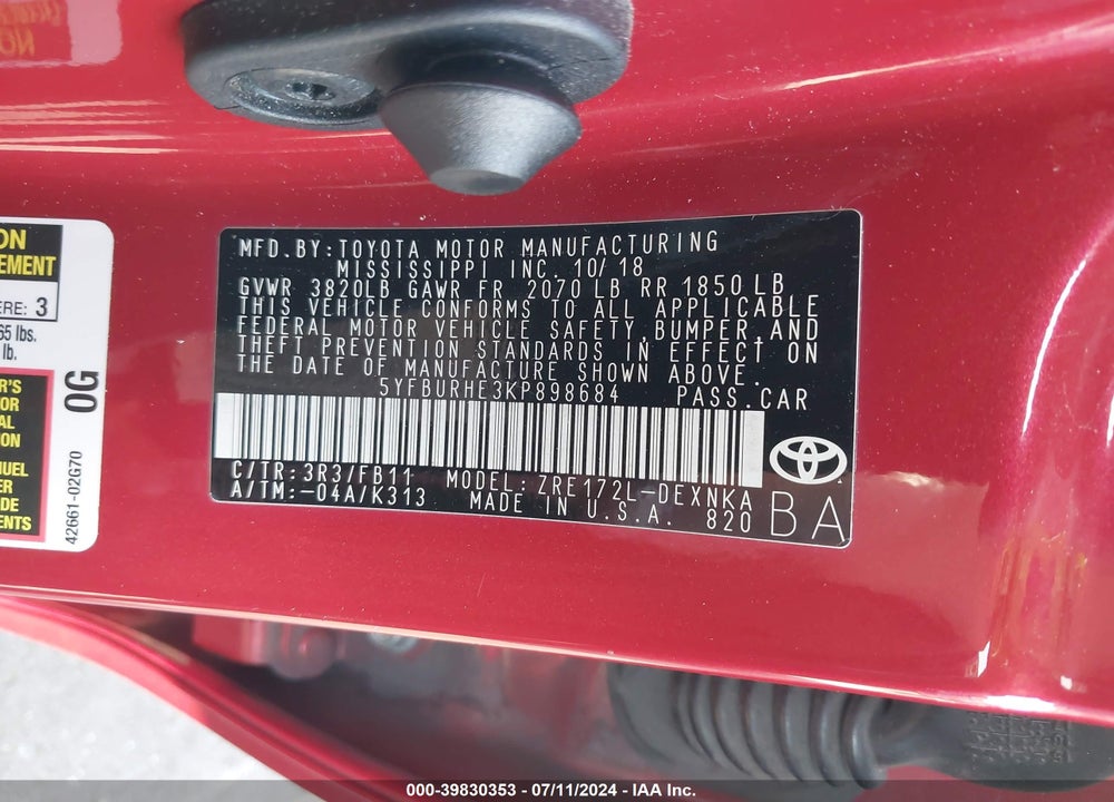 2019 TOYOTA COROLLA LE VIN: 5YFBURHE3KP898684