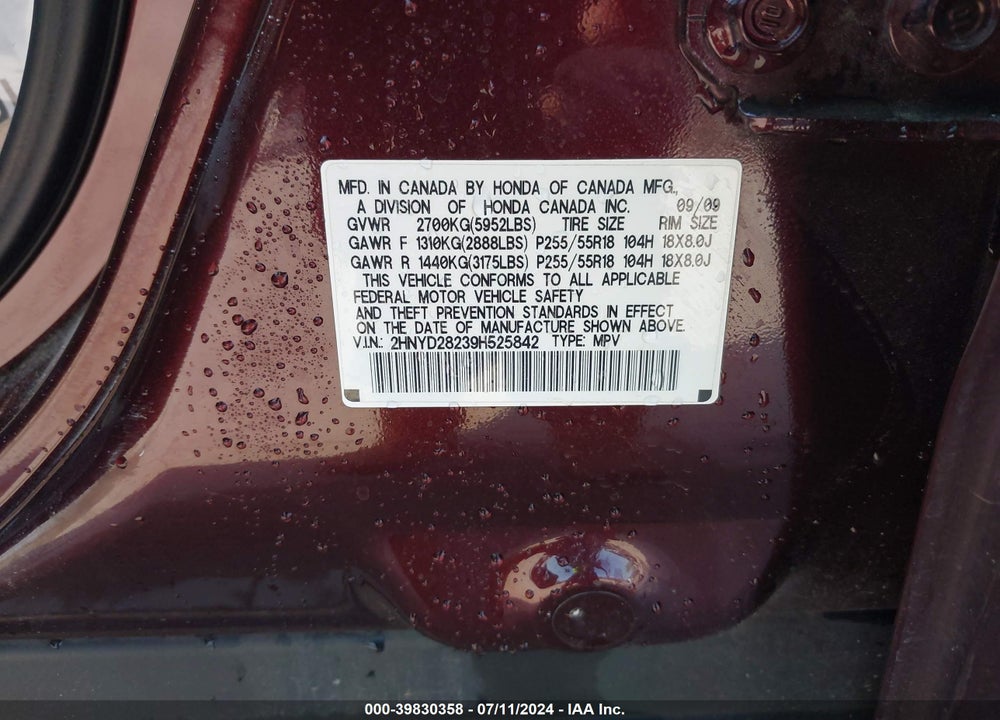 2009 ACURA MDX VIN: 2HNYD28239H525842