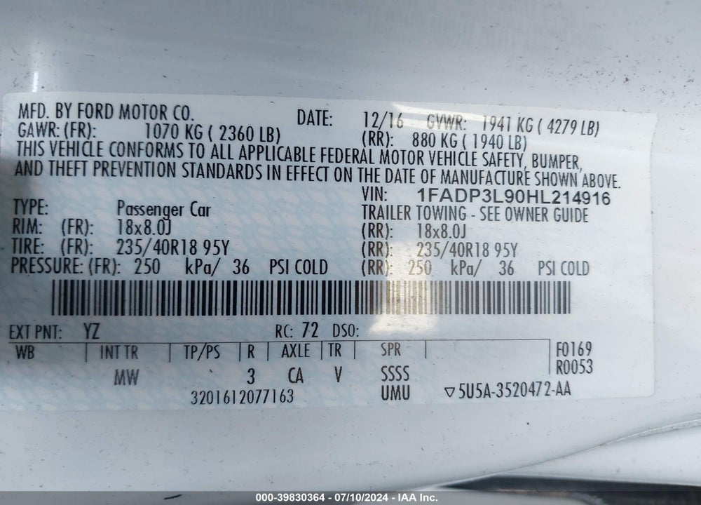 2017 FORD FOCUS ST VIN: 1FADP3L90HL214916