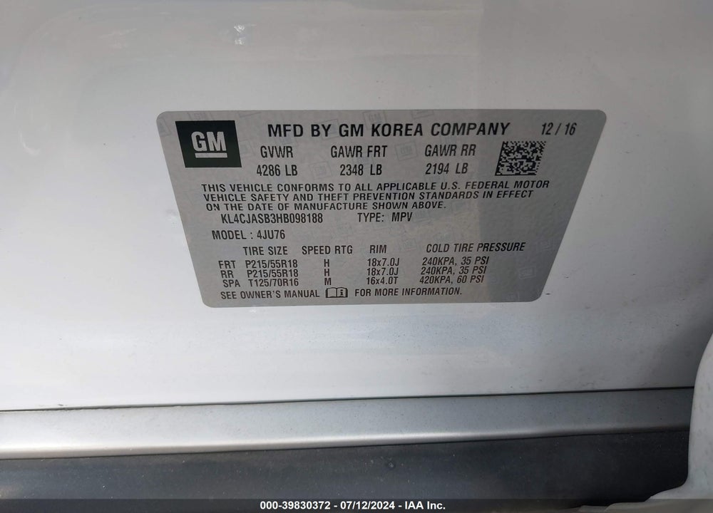 2017 BUICK ENCORE PREFERRED VIN: KL4CJASB3HB098188