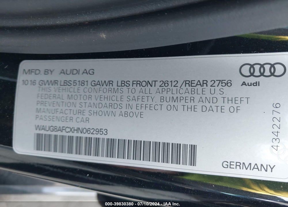 2017 AUDI A6 2.0T PREMIUM VIN: WAUG8AFCXHN062953