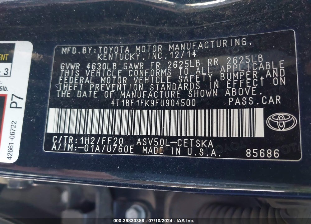 2015 TOYOTA CAMRY SE VIN: 4T1BF1FK9FU904500
