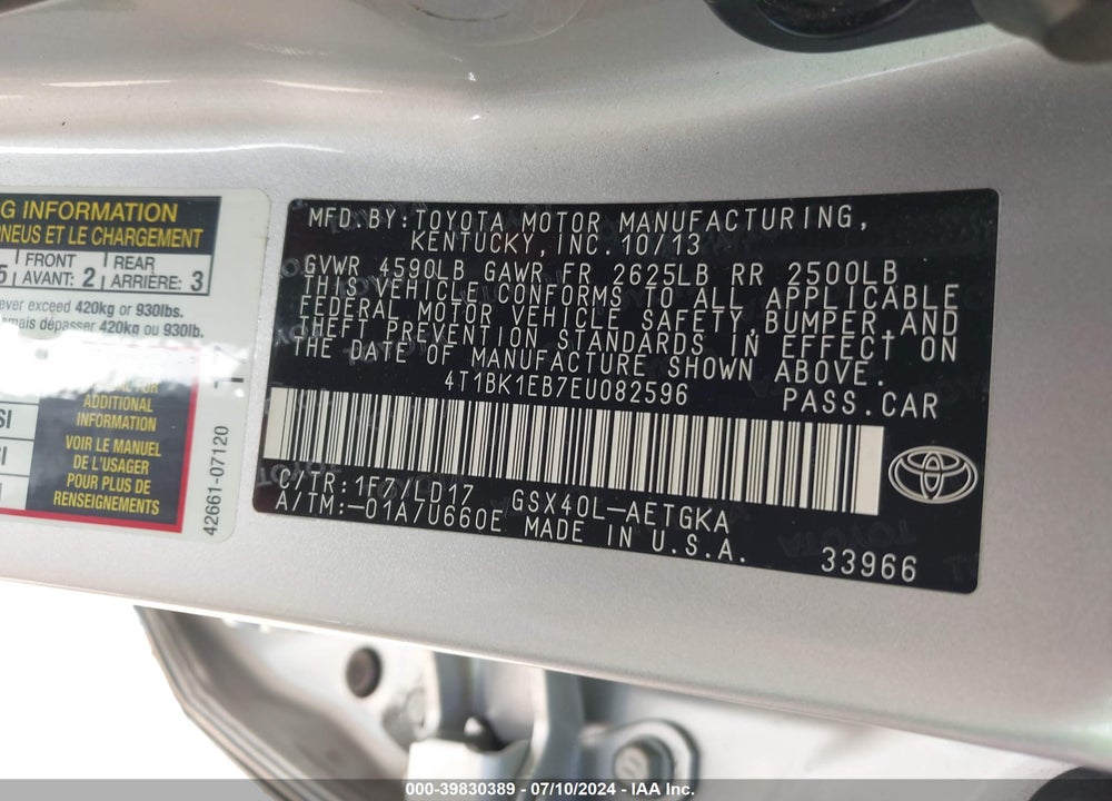2014 TOYOTA AVALON LIMITED/XLE/XLE PREMIUM/XLE TOURING VIN: 4T1BK1EB7EU082596