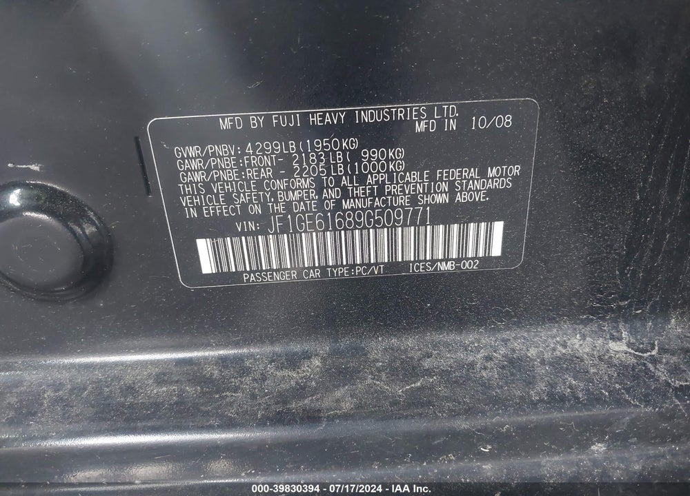 2009 SUBARU IMPREZA 2.5I VIN: JF1GE61689G509771