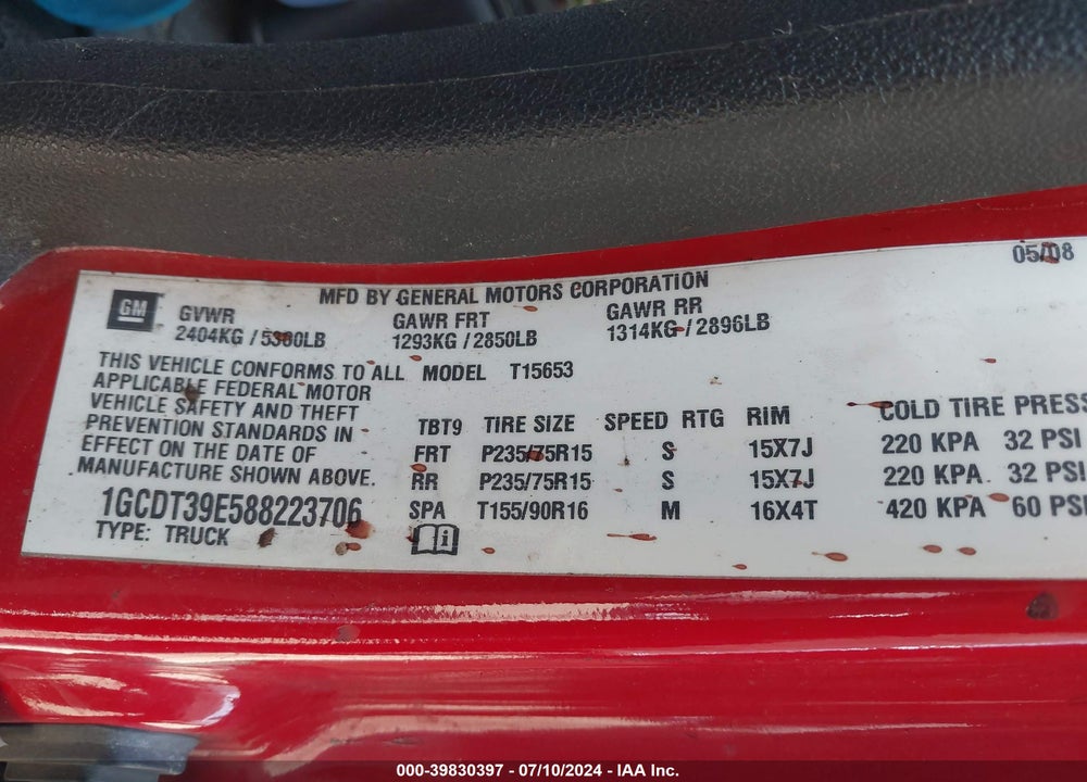 2008 CHEVROLET COLORADO LT VIN: 1GCDT39E588223706