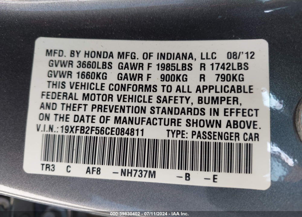 2012 HONDA CIVIC LX VIN: 19XFB2F56CE084811